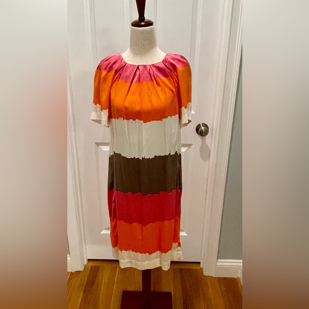 Nwt Bcbgmaxazria Orange And Cream Silk Dress, Size S